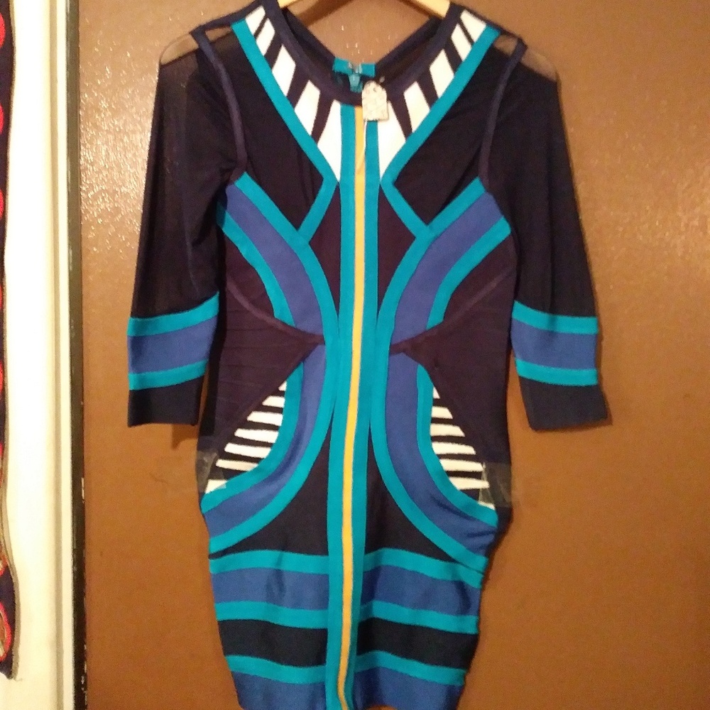 nwot blue patchwork bandage dress